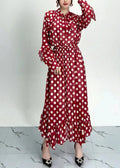 Organic Red Dot Print Ruffled Chiffon Dresses Long Sleeve AO1054