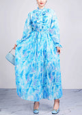 Fitted Blue Ruffled Print Sashes Chiffon Dresses Long Sleeve AO1071