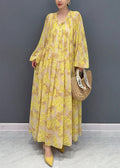 Plus Size Yellow V Neck Ruffled Print Chiffon Long Dresses Fall AO1069